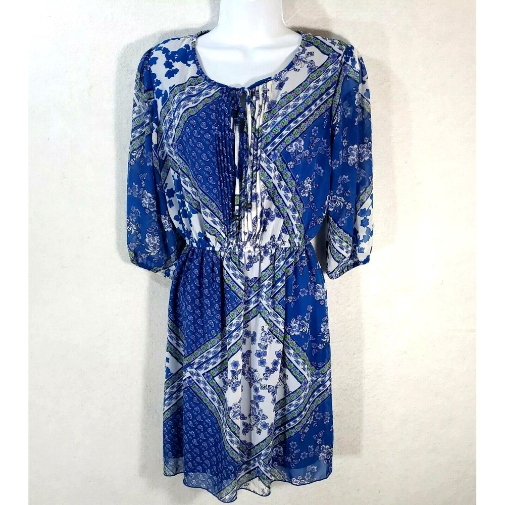 En Focus Studio Women 6 Dress Blue Paisley Floral Elastic Waist 3/4 Sleeve